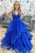 Spaghetti Straps Royal Blue A Line Prom Dress Sequins Evening Dress with Layers