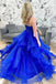 Spaghetti Straps Royal Blue A Line Prom Dress Sequins Evening Dress with Layers