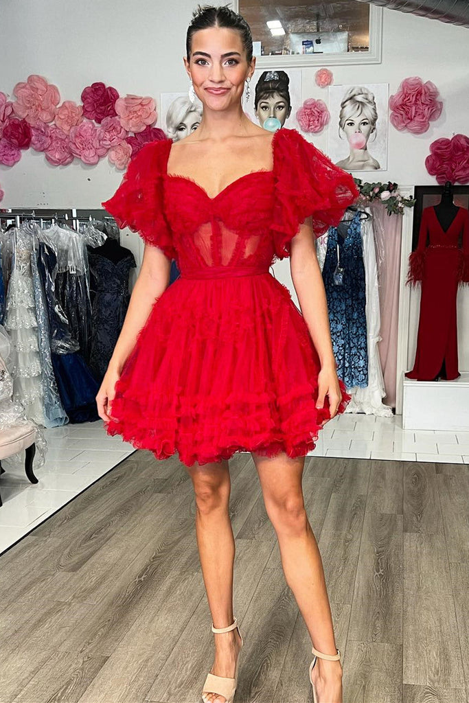 Off the shoulder Pink Ruffles Short Homecoming Dress With Balloon Sleeves