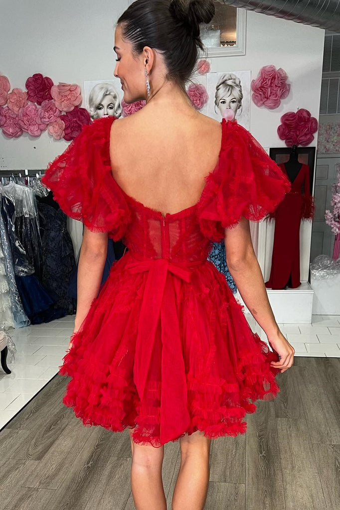 Off the shoulder Pink Ruffles Short Homecoming Dress With Balloon Sleeves