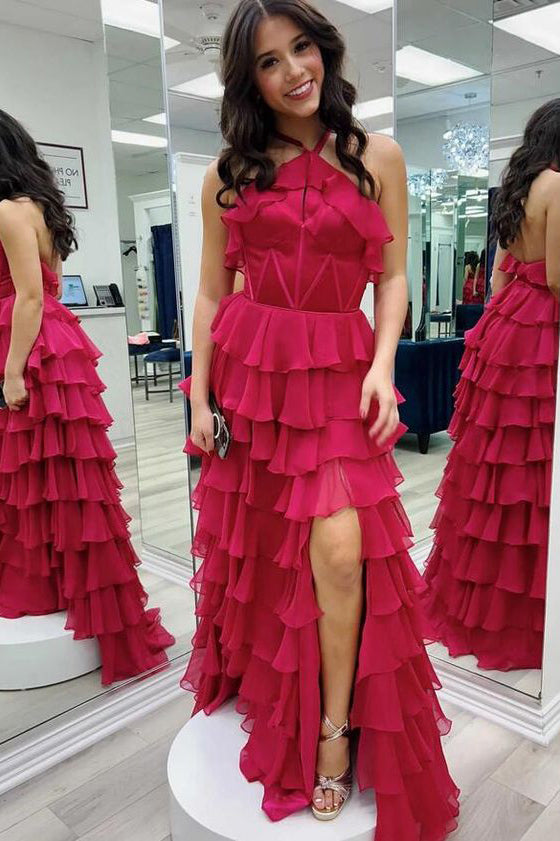 Red Sleeveless Halter Ruffle Tiered Chiffon Long Prom Dress With Slit