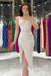 Spaghetti Straps White Satin Prom Dress Slit Formal Dress With Pleats