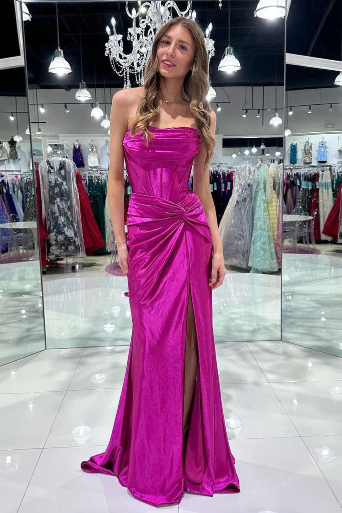 Mermaid Red Strapless Prom Dress Ruched Long Formal Dress With Slit