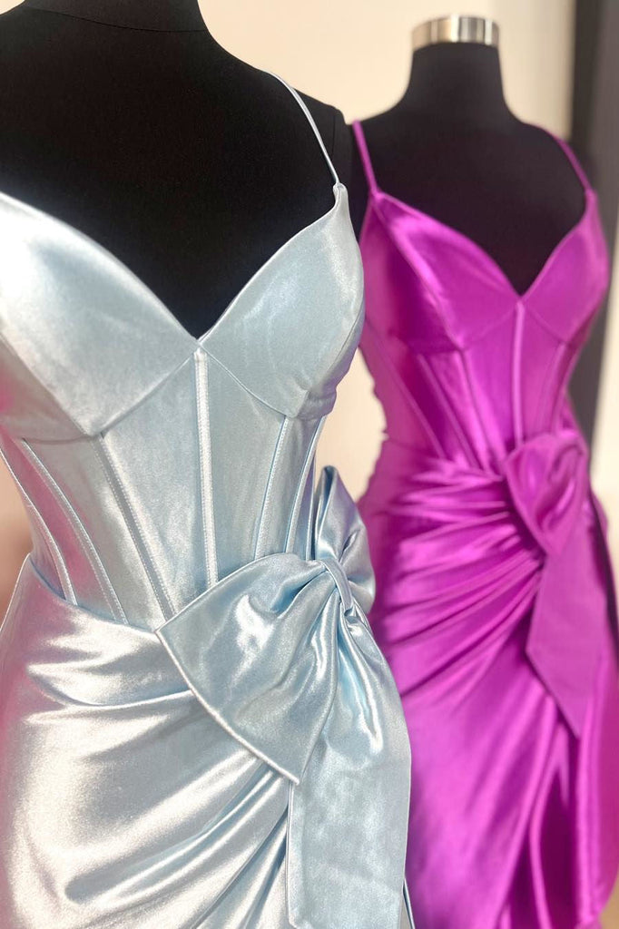 Mermaid Straps V-Neck Satin Prom Dress, Long Formal Dress With Bow