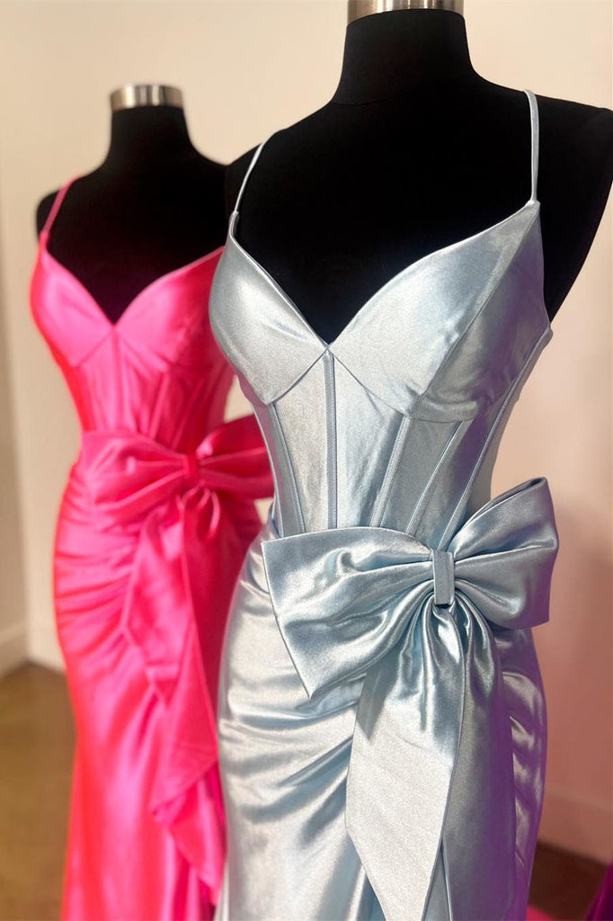 Mermaid Straps V-Neck Satin Prom Dress, Long Formal Dress With Bow