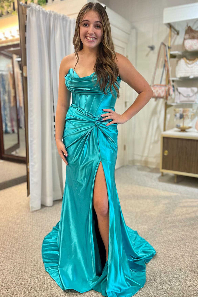 Mermaid Red Strapless Prom Dress Ruched Long Formal Dress With Slit