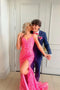 Sparkly Mermaid Pink Long Prom Dress V Neck Sequins Evening Dress with Slit