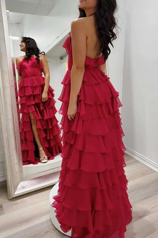 Red Sleeveless Halter Ruffle Tiered Chiffon Long Prom Dress With Slit