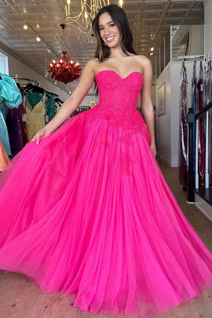 Sweetheart Fuchsia A Line Prom Dress Backless Evening Dress with Appliques