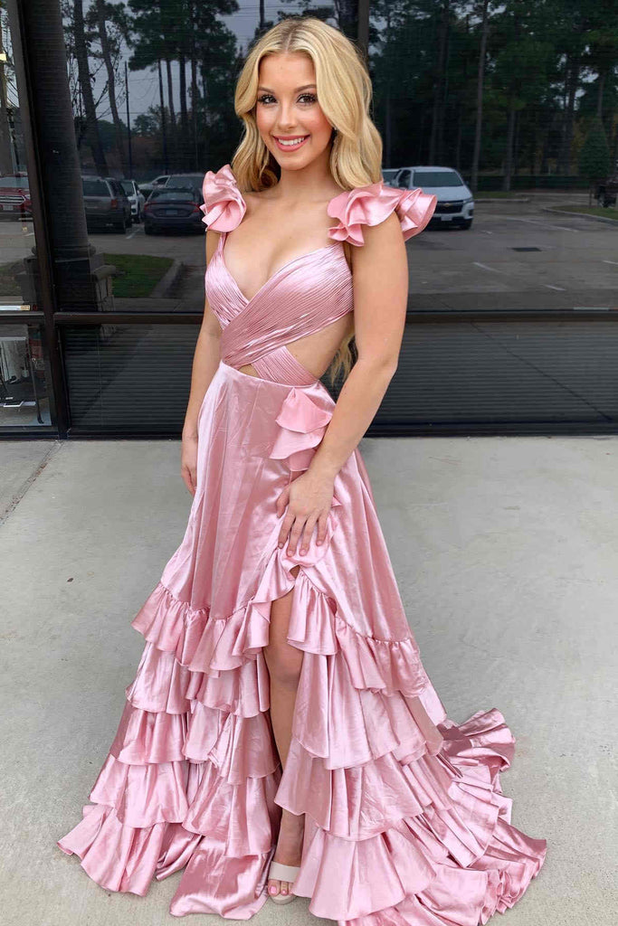 Ruffled Straps Red Layered Satin Long Prom Dress With Pleated