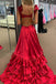 Ruffled Straps Red Layered Satin Long Prom Dress With Pleated