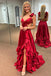 Ruffled Straps Red Layered Satin Long Prom Dress With Pleated