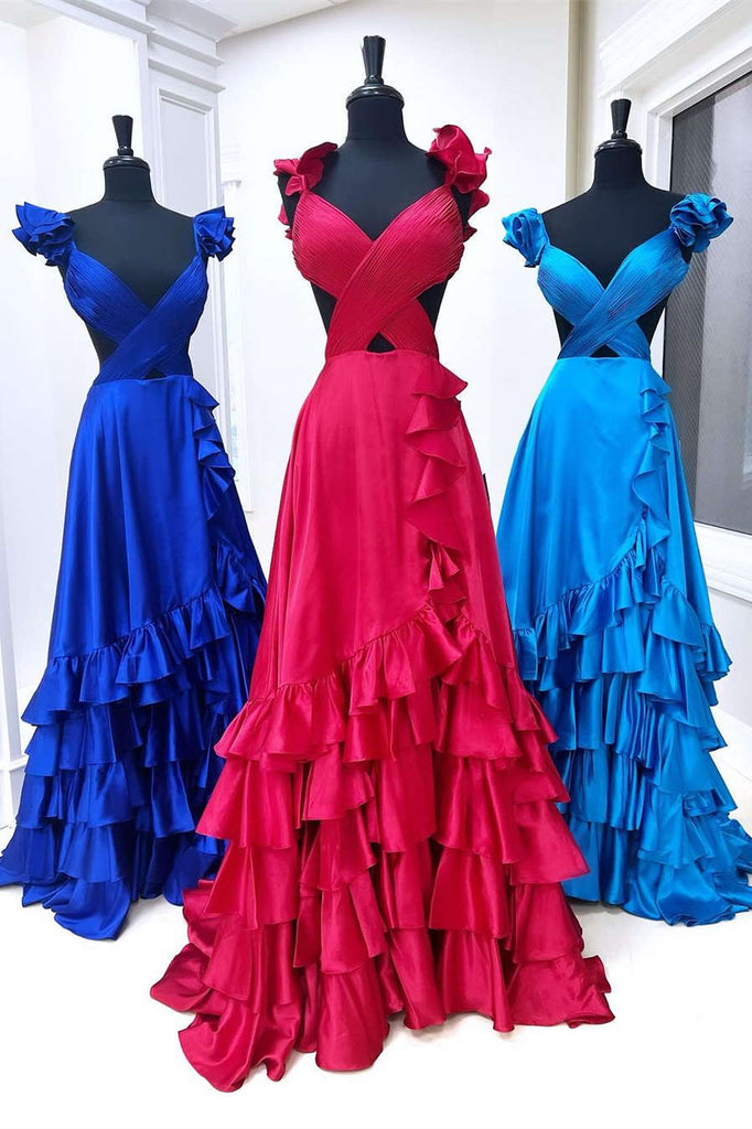 Ruffled Straps Red Layered Satin Long Prom Dress With Pleated