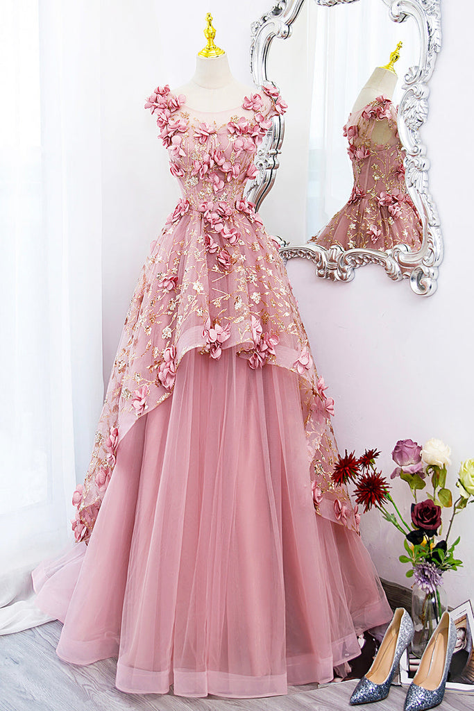 V-neck Tulle A Line Long Prom Dress with Flowers, Pink Lace Sweet 16 Dress