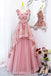 V-neck Tulle A Line Long Prom Dress with Flowers, Pink Lace Sweet 16 Dress