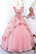 V-neck Tulle A Line Long Prom Dress with Flowers, Pink Lace Sweet 16 Dress