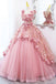 V-neck Tulle A Line Long Prom Dress with Flowers, Pink Lace Sweet 16 Dress