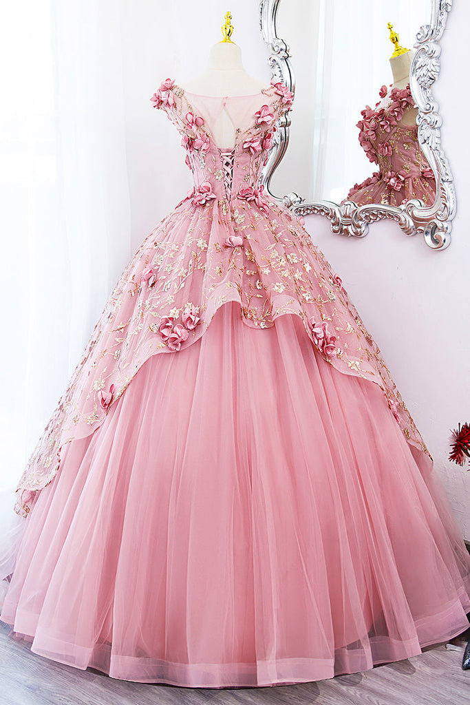 V-neck Tulle A Line Long Prom Dress with Flowers, Pink Lace Sweet 16 Dress