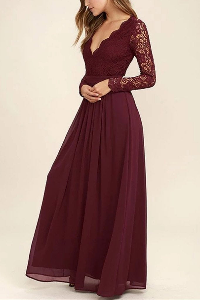 flowy lace chiffon v-neck backless long sleeves burgundy bridesmaid dresses dtb10