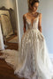 A-line Deep V-Neck Lace Appliques Wedding Dresses with Pockets