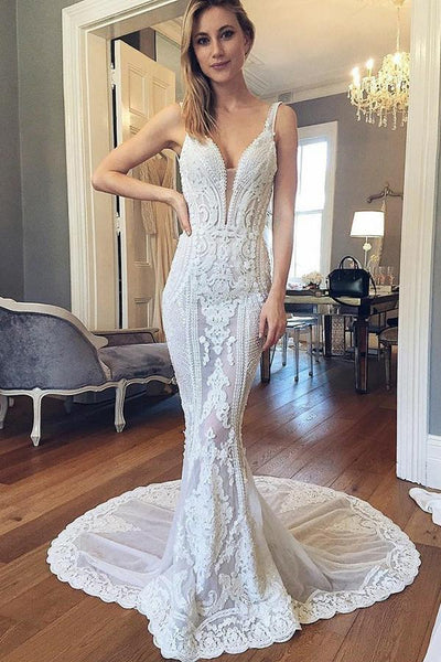 Tulle Sophisticated Mermaid Sweetheart Lace Backless Wedding Dress DTW201 –