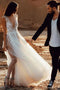 A-Line Plunging Neckline Appliques Tulle Rustic Wedding Dress with Split