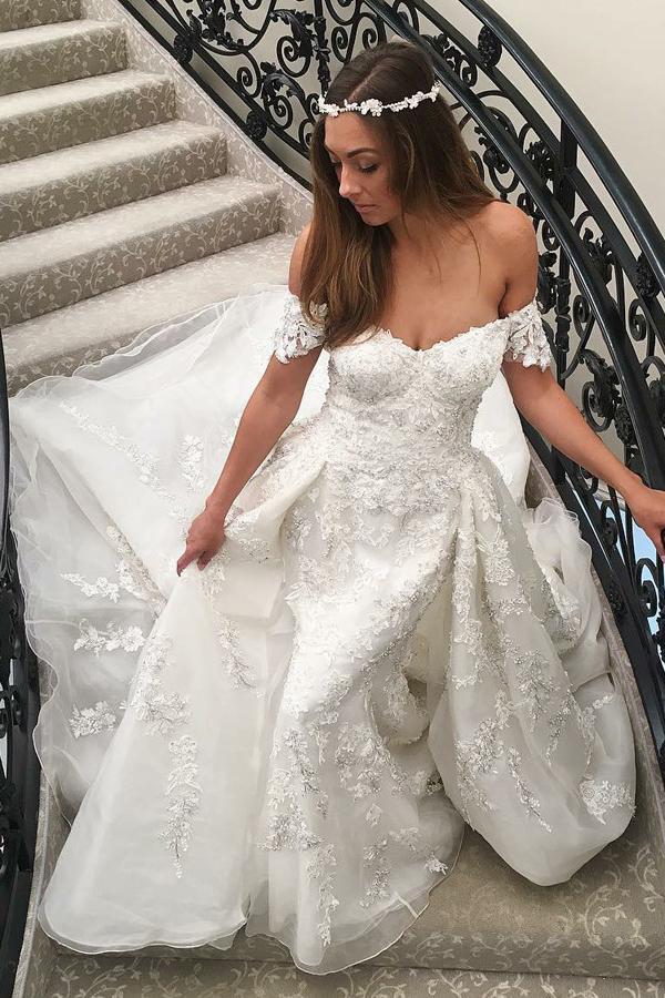 mermaid lace appliques off-the-shoulder wedding dress with detachable train dtw220