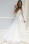 A-Line V-Neck Tulle Long Sleeves Wedding Dress with Appliques