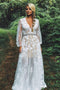 V-Neck Waist Beaded Appliques Boho Wedding Dress with Long Sleeves