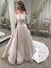 off-shoulder 1/2 sleeves satin lace a-line wedding dress with pockets dtw343