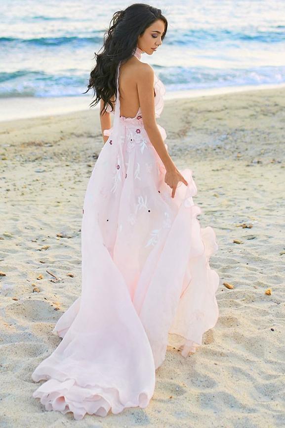 Pink Halter Appliques Beach Wedding Dress Backless Wedding Gown