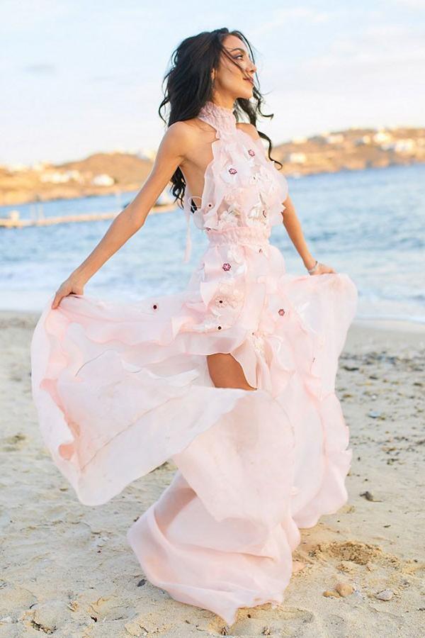 pink halter appliques beach wedding dress backless wedding gown dtw338