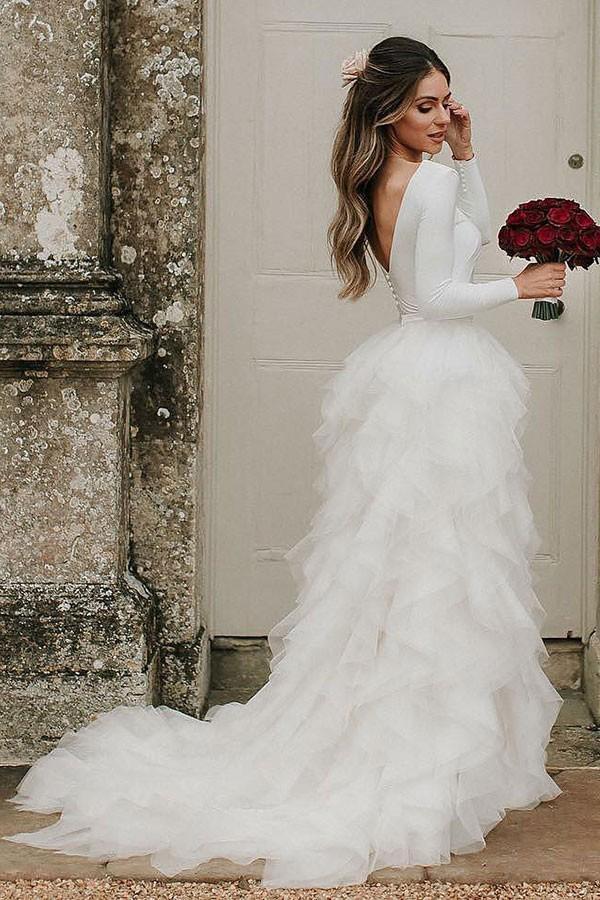 princess bateau long sleeves tulle wedding dresses with ruffles dtw332