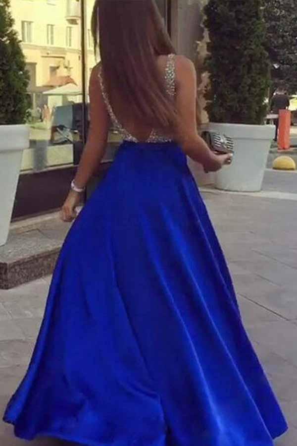 Royal Blue A-Line Deep V-Neck Beading Long Prom Dresses With Pockets