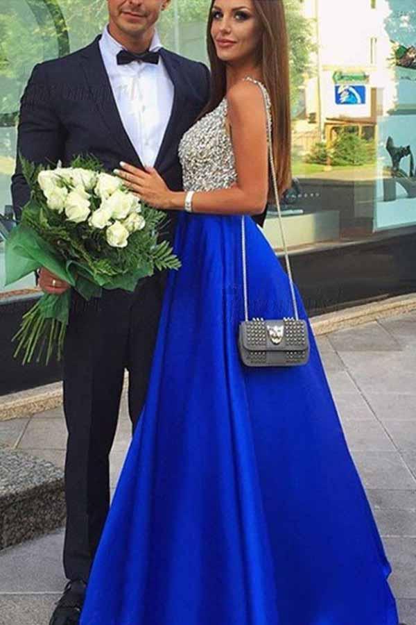 Royal Blue A-Line Deep V-Neck Beading Long Prom Dresses With Pockets