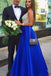 Royal Blue A-Line Deep V-Neck Beading Long Prom Dresses With Pockets