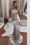 Silver Backless Formal Prom Dresses, Sequins Mermaid Halter Evening Dress