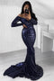 Prom Dress Mermaid Off-the-Shoulder Long Sleeves Sequined Evening Gown