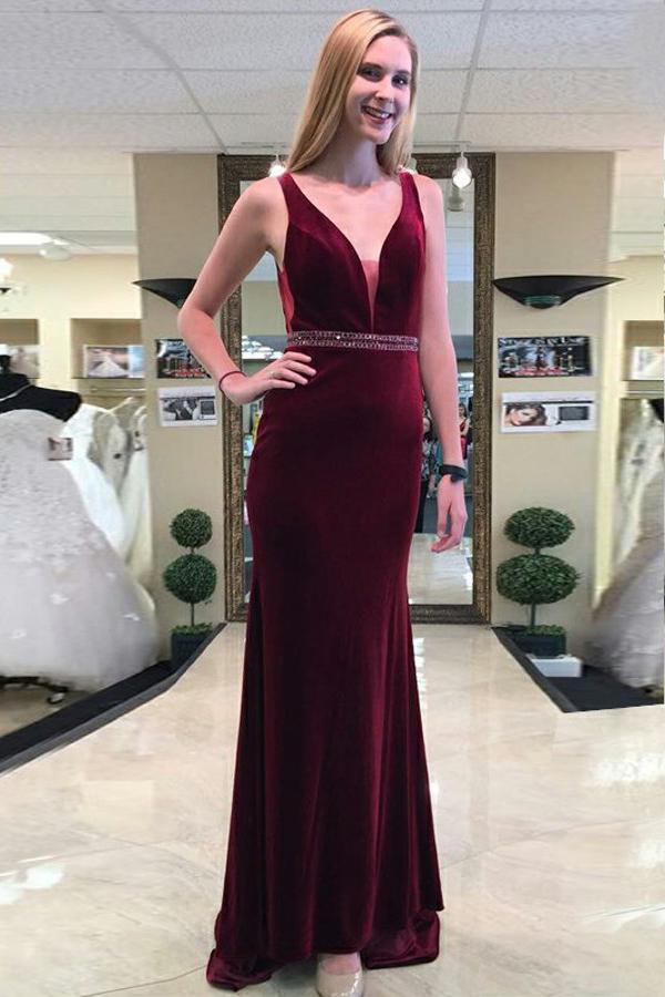 v-neck burgundy beading formal evening dress sheath backless prom dresses dtp729