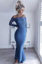 Off-Shoulder Lace Long Sleeves Blue Mermaid Bridesmaid Dresses