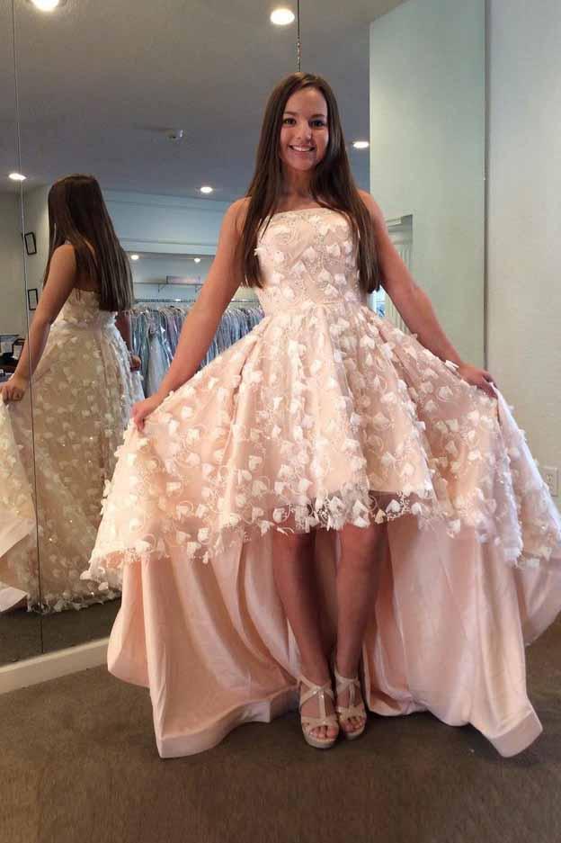 chic strapless hi-low pearl pink homecoming dresses with lace flowers dth393