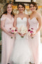 Flowy Straps V-neck Pink Chiffon Long Bridesmaid Dresses