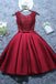 burgundy short evening dress satin lace a-line short homecoming dress dth360