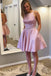 round neck beading waist short pink homecoming dress with pockets dth349