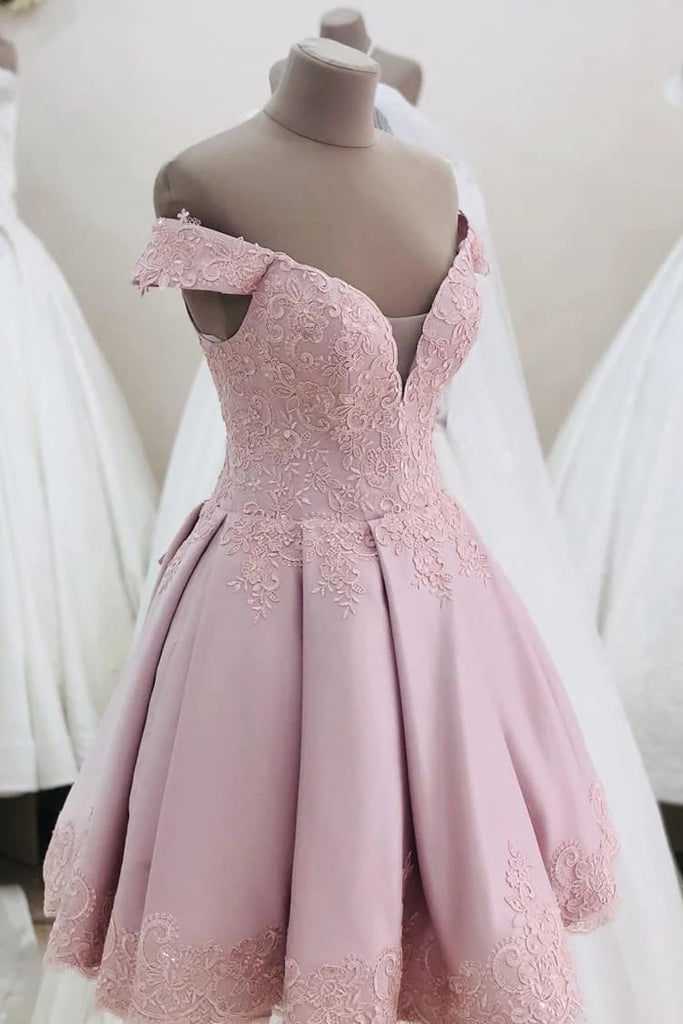 Off Shoulder Pink Short Homecoming Dress with Lace Appliques