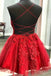 Strappy Short Homecoming Dresses Lace Applique Red Short Prom Dress