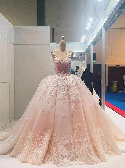 Sheer Round Neckline Pink Lace Applique Wedding Dresses Quinceanera Dress