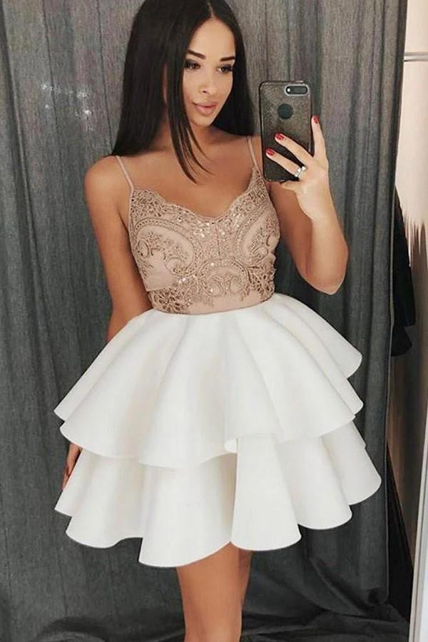 spaghetti strap lace short homecoming dress with satin ruffled dth323