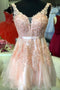 Cute A-line Short Pink Homecoming Dress With Lace Appliues