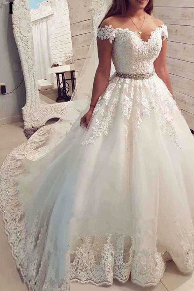 v-neck applique beading tulle bridal gown off-shoulder ball gown wedding dresses dtw389